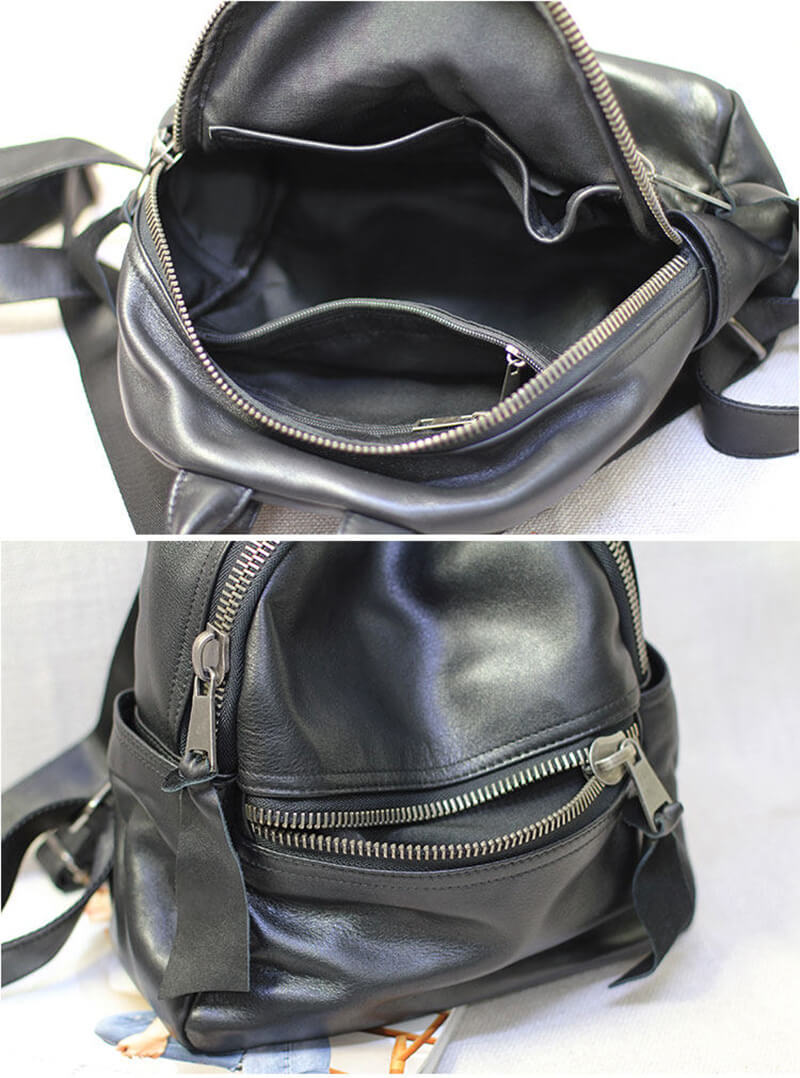 Rucksack Damen Leder schwarz schlicht Backpack Frauen
