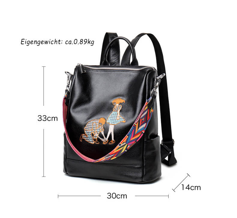 schwarz Rucksack Schultertasche Kombination Damen Leder mit Cartoon Muster
