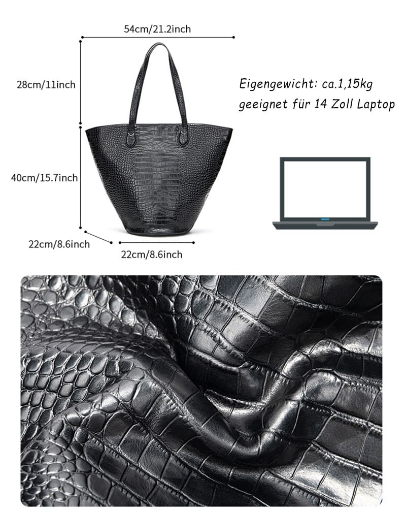 schwarze große Schultertasche Leder Kroko-Optik Tote Bag