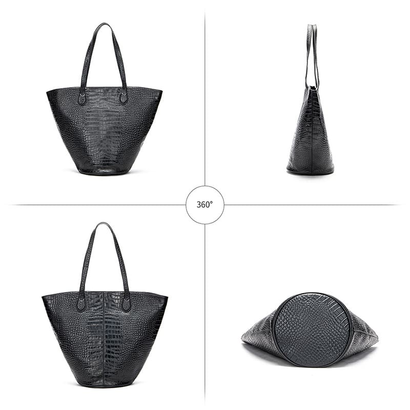 schwarze große Schultertasche Leder Kroko-Optik Tote Bag