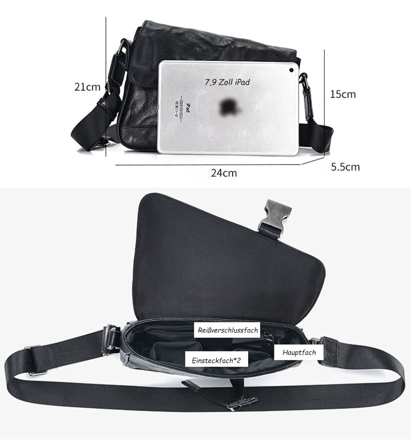 schwarze Umhängetasche Herren Querformat weiches Leder für Alltag und Arbeit