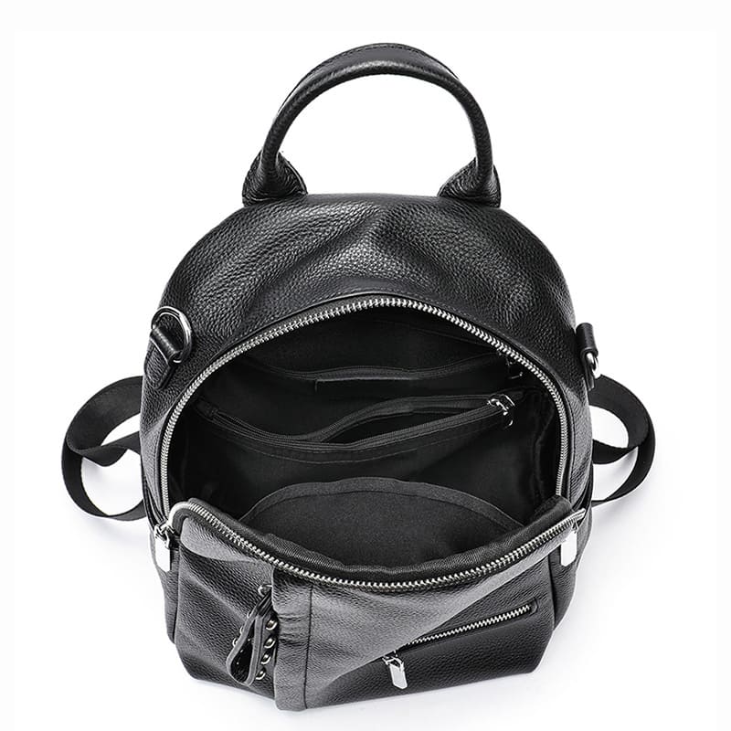 schwarzer Rucksack Damen Leder Schultertasche 2in1 mit Reißverschluss am Rücken