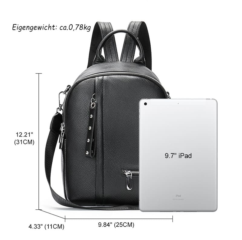 schwarzer Rucksack Damen Leder Schultertasche 2in1 mit Reißverschluss am Rücken