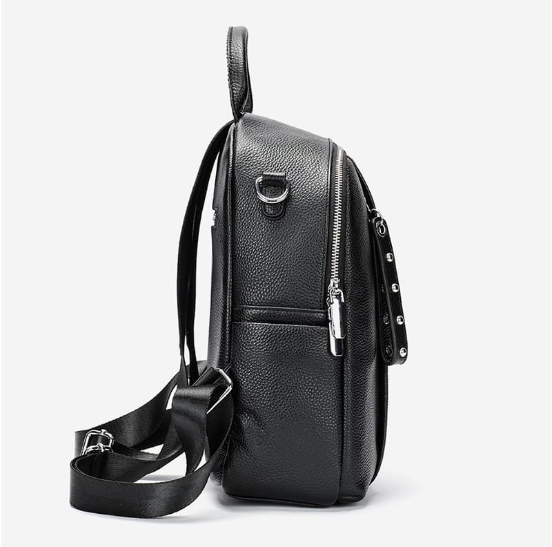 schwarzer Rucksack Damen Leder Schultertasche 2in1 mit Reißverschluss am Rücken