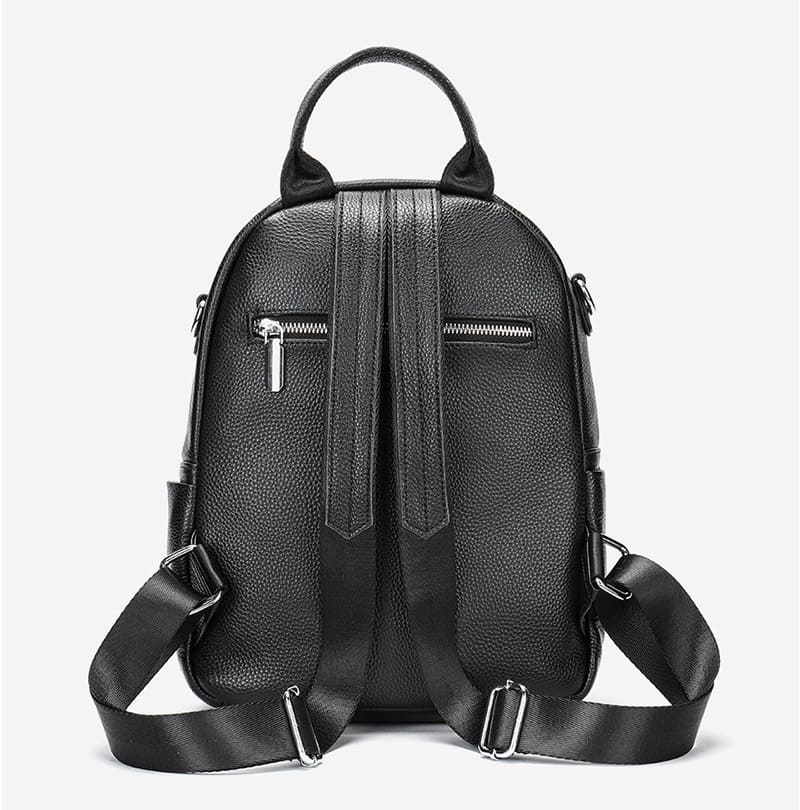 schwarzer Rucksack Damen Leder Schultertasche 2in1 mit Reißverschluss am Rücken