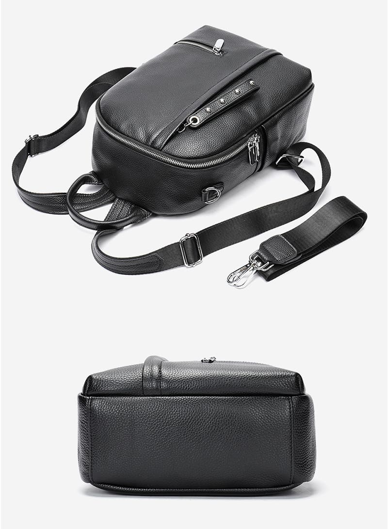 schwarzer Rucksack Damen Leder Schultertasche 2in1 mit Reißverschluss am Rücken