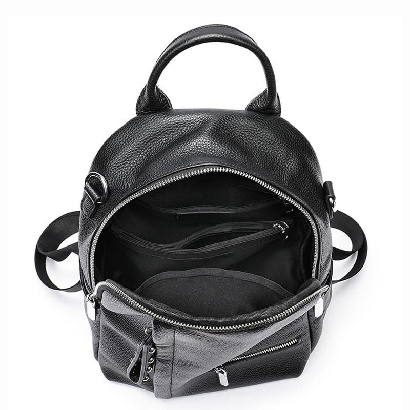 schwarzer Rucksack Damen Leder Schultertasche 2in1 mit Reißverschluss am Rücken