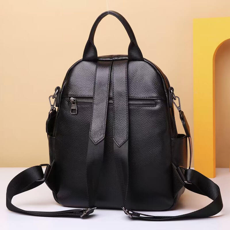 schwarzer Rucksack Schultertasche 2 in 1 Alltag Damen Lederrucksack modern