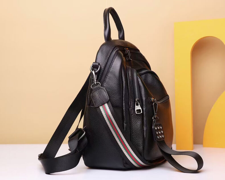 schwarzer Rucksack Schultertasche 2 in 1 Alltag Damen Lederrucksack modern