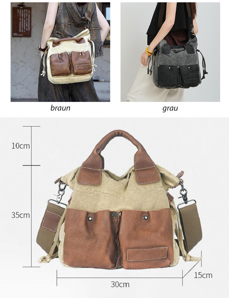 Vintage Damen Handtasche aus Canvas und Leder Umhängetasche Frauen