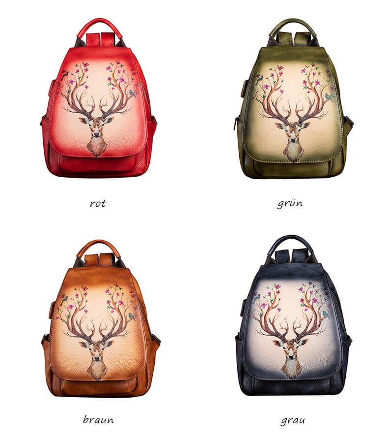Vintage Damen Rucksack retro aus Leder für Alltag mit Hirsch