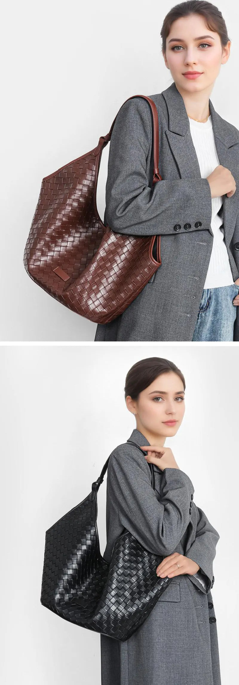 Vintage Damen Schultertasche geflochten Leder Handtasche in Schwarz und Braun