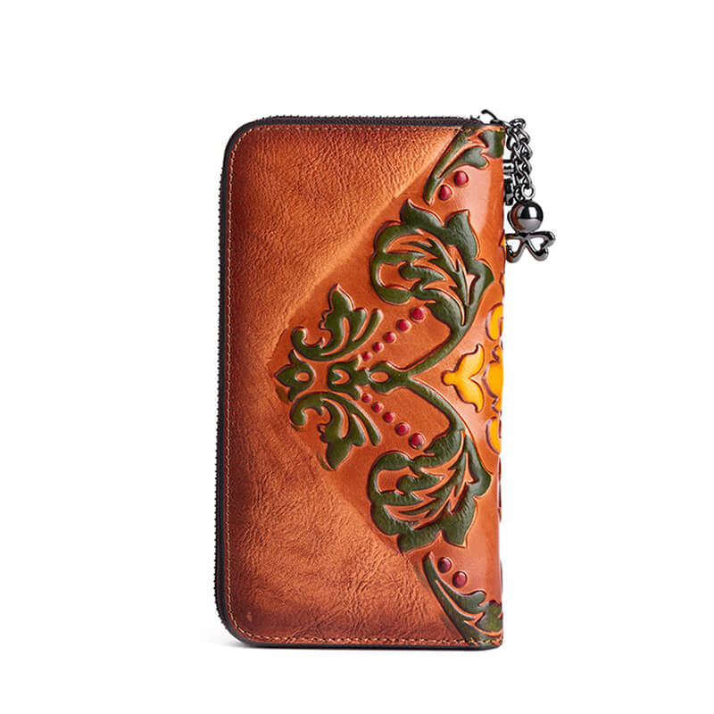 Vintage Geldbörse Damen Leder Lang Portemonnaie Blumen mit viele Kartenfächer