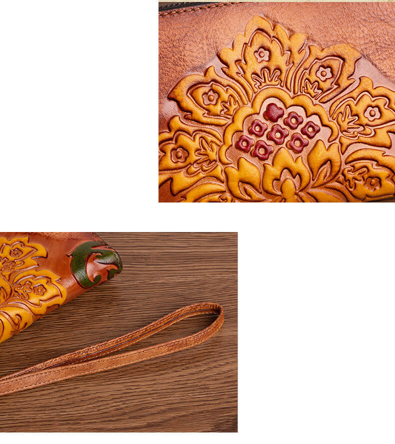 Vintage Geldbörse Damen Leder Lang Portemonnaie Blumen mit viele Kartenfächer