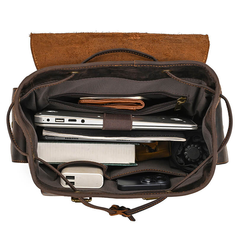 Vintage Herren Rucksack Crazy Horse Leder mit kordelzug und Laptopfach
