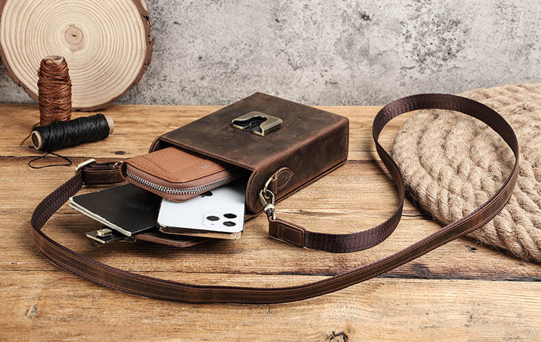 Vintage kleine Herren Umhängetasche Leder Handytasche Männer für Handy