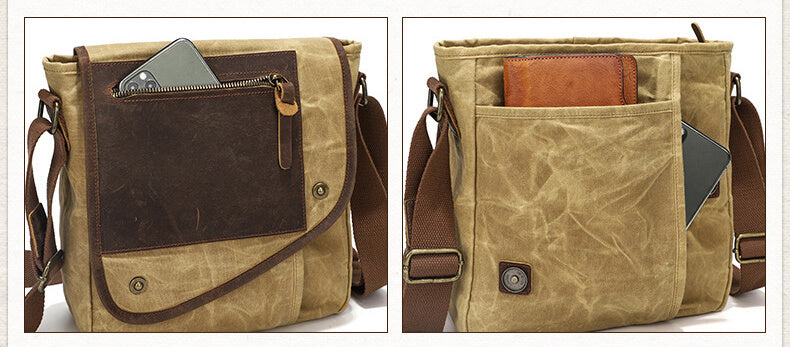 Vintage kleine Umhängetasche Herren aus gewachstem Canvas und Leder für Schule und Alltag
