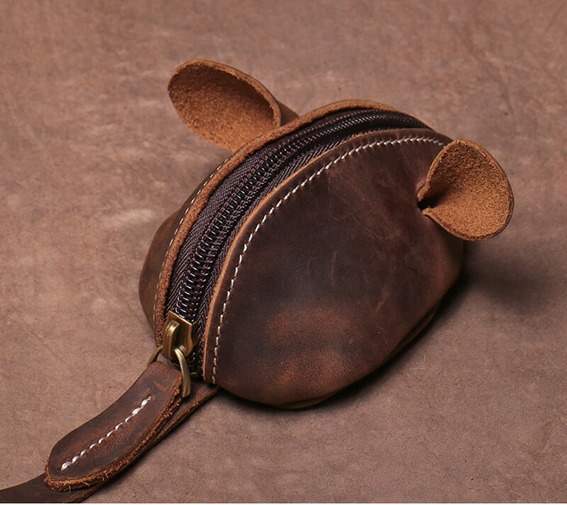 Vintage Leder Münzbeutel für Damen und Herren in Mausform