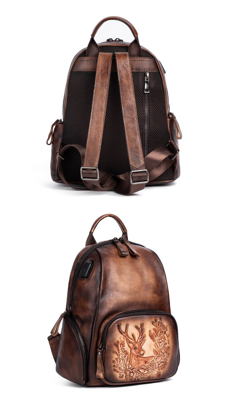 Vintage Leder Rucksack Damen mit Hirschmotiv und USB Anschluss Lederrucksack