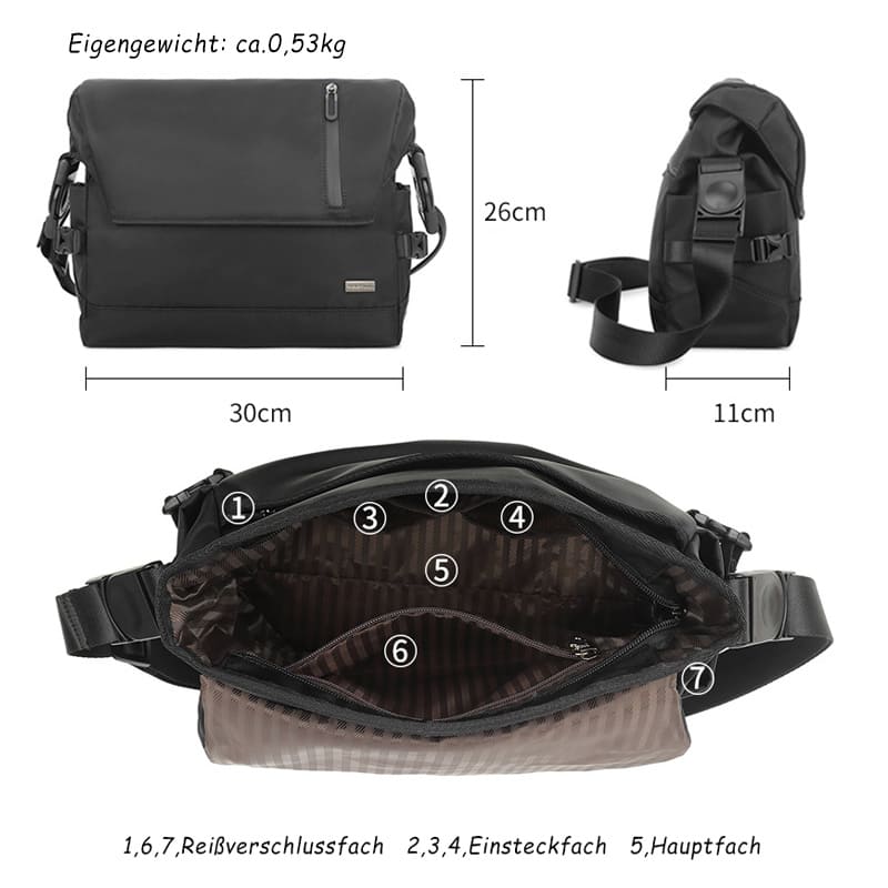 wasserdichte Umhängetasche Herren Oxford schwarz mit Reißverschluss