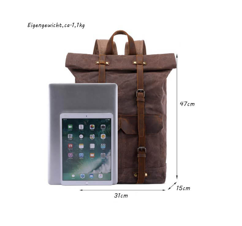 wasserdichter Kurierrucksack Herren Rucksack gewachstes Canvas mit Laptopfach und Rolltop