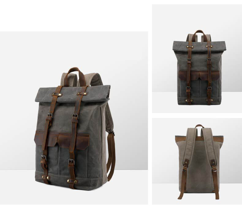 wasserdichter Kurierrucksack Herren Rucksack gewachstes Canvas mit Laptopfach und Rolltop