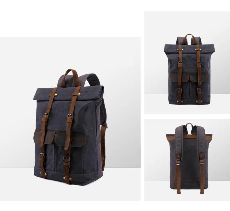 wasserdichter Kurierrucksack Herren Rucksack gewachstes Canvas mit Laptopfach und Rolltop