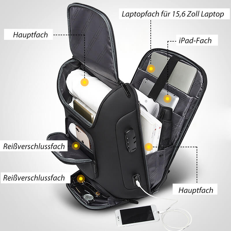 wasserdichter Business Rucksack Herren mit Laptopfach vielen Fächern und Zahlenschloss
