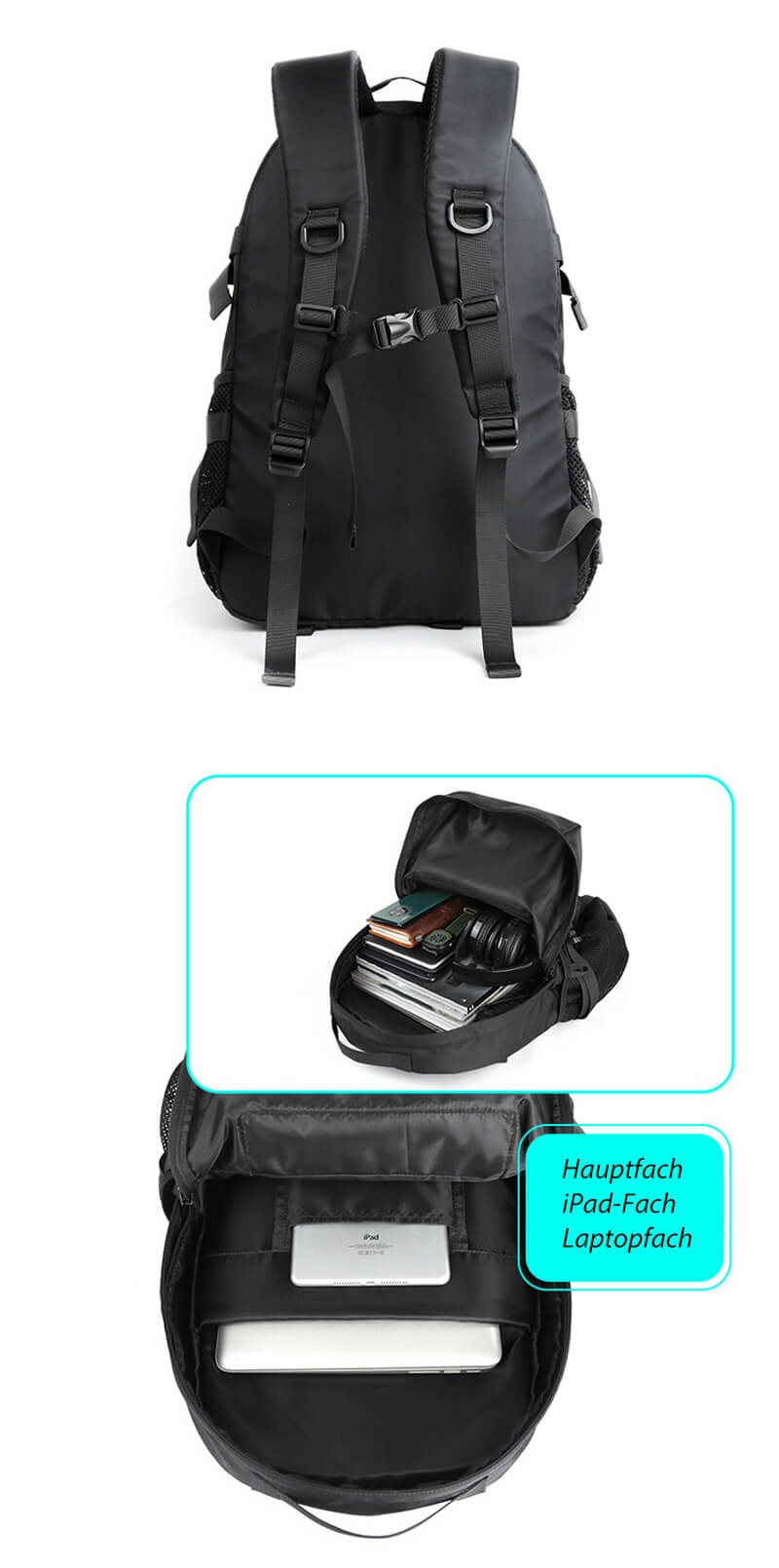 wasserdichter Rucksack Herren schwarz aus Oxford für Uni Reisen Outdoor mit Brustgurt