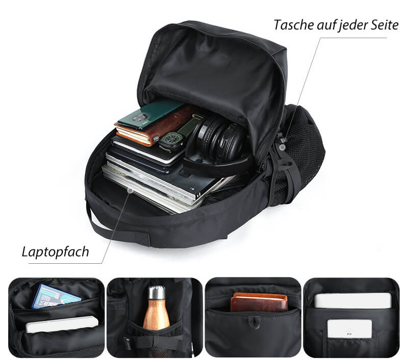 wasserdichter Rucksack Herren schwarz aus Oxford für Uni Reisen Outdoor mit Brustgurt